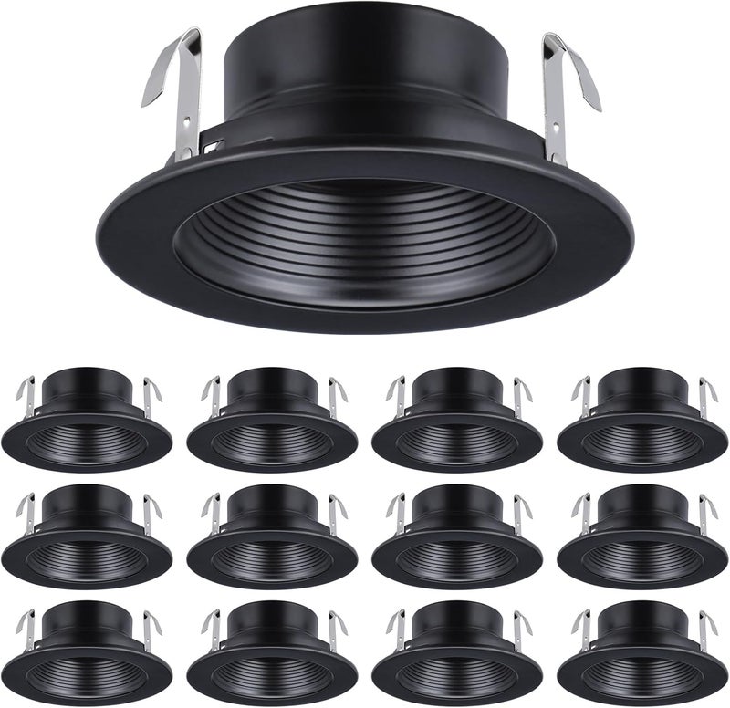TORCHSTAR 12-Pack 4 Inch Recessed Light Black Baffle Trim with Ring, Full Metal, Ceiling Can Light Trim for 4 Inch Cans, Fit Halo/Juno Remodel Housing - Image 1